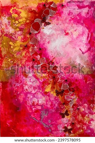 Abstract painting full of color. Butterflies an golds