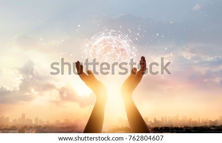 Abstract palm hands touching brain with network connections, innovative technology in science and communication concept 