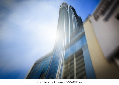 Abstract panoramic and perspective wide angle view high rise building skyscraper commercial modern city of future. Business concept of success industry tech architecture