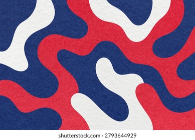 Abstract paper texture background with red, dark blue and white camouflage pattern with organic wavy lines and camo shapes.