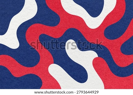 Abstract paper texture background with red, dark blue and white camouflage pattern with organic wavy lines and camo shapes.