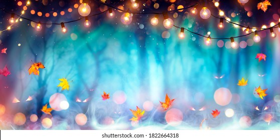 Abstract Party In Defocused Forest At Twilight - Halloween Background
