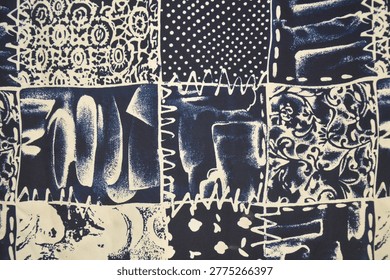 Abstract patchwork textile pattern in navy blue and off-white. Close up of fabric texture with polka dots, floral ornaments, and batik motifs for vintage background.