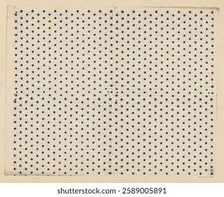 Abstract pattern with blue dots on a beige background. Dots vary in size, creating a textured, dotted design. Blue dots contrast with the beige surface. Decorative patterned vintage design.