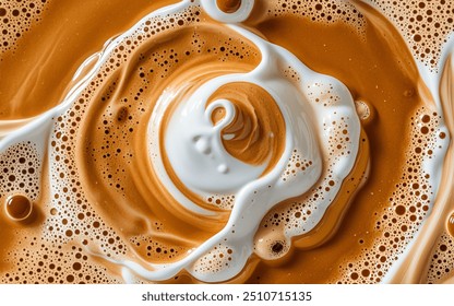 abstract pattern of bubbles and liquid foam of coffee and milk swirling together