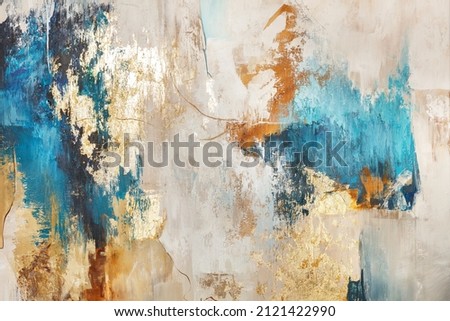 Abstract pattern in gray, beige and blue tones interspersed with gold spots.