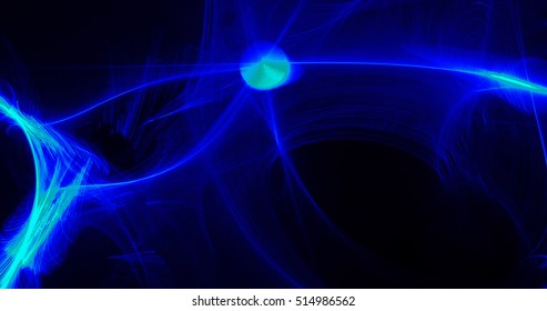 Abstract Pattern On Dark Background In Blue And Green Lines Curves Particles