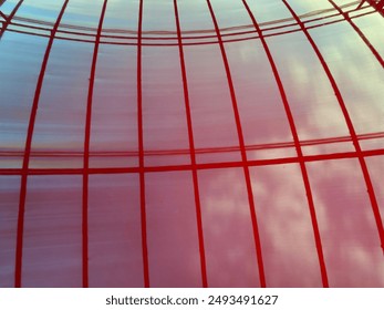 Abstract pattern reflected on a red pink metal surface, lattice cage