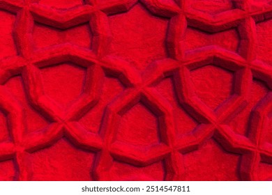 Abstract pattern texture design background. Backdrop of carved floral stone art. Symmetrical curves design wallpaper. Ethnic Backgrounds for product display. Red color background.