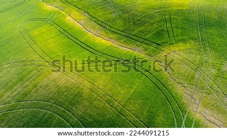 Similar – Aerial view of lush green rice field with small winding canal. Sustainable agriculture landscape. Sustainable rice farming. Rice cultivation. Green landscape. Organic farming. Sustainable land use.