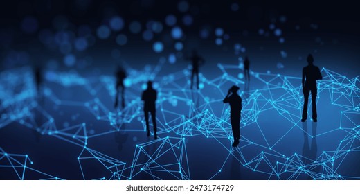 Abstract people silhouettes on blue polygonal background. Technology and creative landing page concept