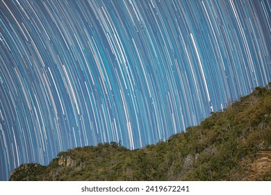 Abstract photo of Blue Night sky star trail background.Startrails on a dark blue sky at night,center sky area.Rotating star lines - Powered by Shutterstock