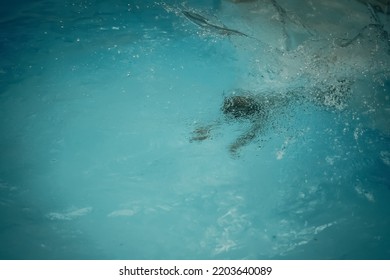 Abstract Photo Lifestyle, Nature Background. Unrecognizable Person Body Deep Under Water, Look At Surface. Mystery Mood. Concept Of Weightless, Uncertain Future, Drown In Obscurity, Childhood Issues