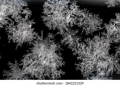 An Abstract Photo Of A Pattern Of Frost On A Piece Of Glass.  The Macro Is A Black And White Textured Frosty Crystal Snowflake. The Unique Patterns Of Silver Ice Crystals Frosted The Clear Glass.