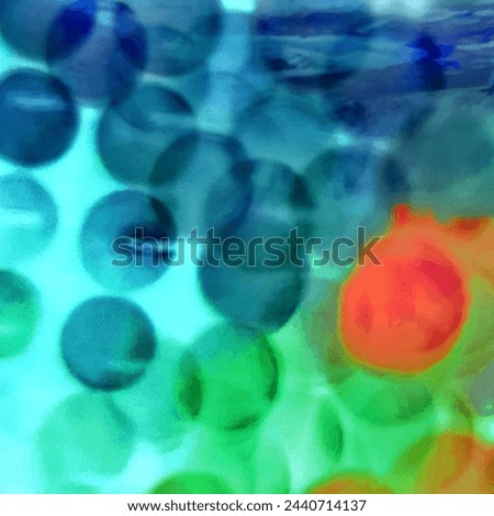 Abstract Photo suggesting a congregation of cells, water bubbles, or a group of round faces with only mouths; they seem to be focusing on one attention-catching brightly colored sphere.