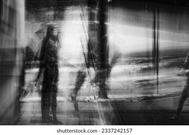 Abstract photography. Deliberately shaken, out of focus, blurred, inconsistently exposed. Creative digitally processed street photography.