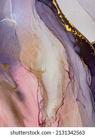 Abstract Pink Art With Purple, Orange, Blue, Gold — Background With Beautiful Smudges And Stains Made With Alcohol Ink. Pink Fluid Texture Resembles Pink Marble, Flowers, Butterfly, Watercolor.