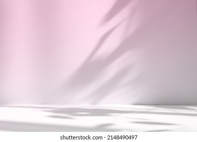 Abstract pink color gradient studio background for product presentation. Empty room with shadows of window and flowers and palm leaves . 3d room with copy space. Summer concert. Blurred backdrop. - Shutterstock ID 2148490497