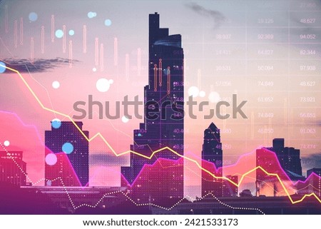 Abstract pink crisis business and forex chart on blurry toned city wallpaper with bokeh circles. Downward trend and financial downfall concept. Double exposure