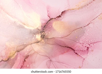 Abstract Pink And Gold Fragment Of Colorful Background, Wallpaper. Mixing Acrylic Paints. Modern Art. Marble Texture. Alcohol Ink Colors Translucent.Alcohol Abstract Contemporary Art Fluid.