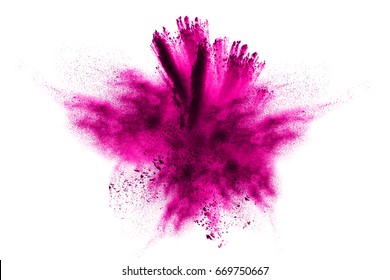 Abstract pink powder  explosion. Closeup of  pink dust particle splash isolated on  white background