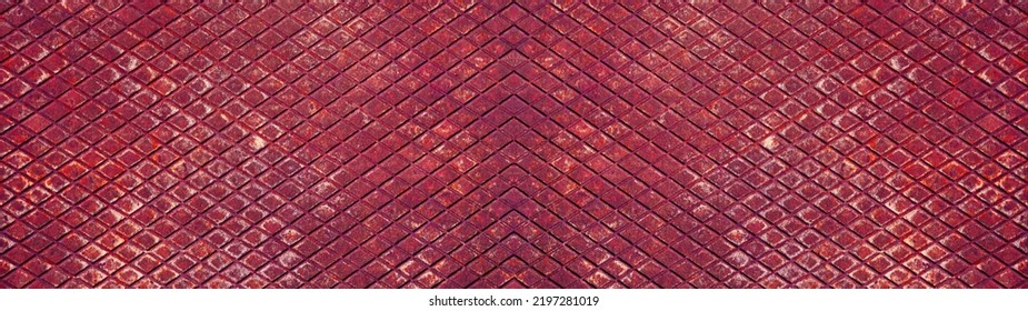 Abstract Pink Red Rusty Rust Background Banner Panorama Texture - Corrugated Weathered Rusted Metal Iron Steel Plate With A Diamond Shape Pattern