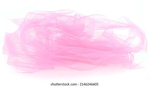 Abstract pink tulle fabric isolated on white background. Bright transparent material curve wave on white.