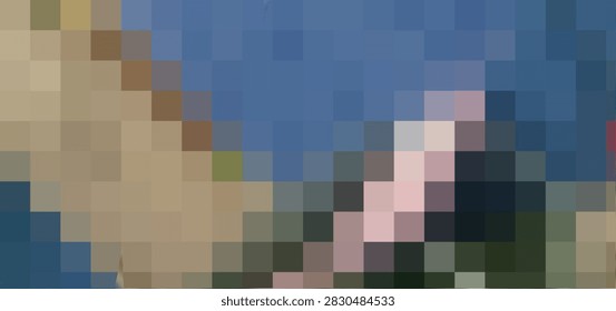 Abstract pixelated grid background combining beige, blue, olive green, and pink mosaic squares, geometric digital texture design.