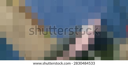 Abstract pixelated grid background combining beige, blue, olive green, and pink mosaic squares, geometric digital texture design.