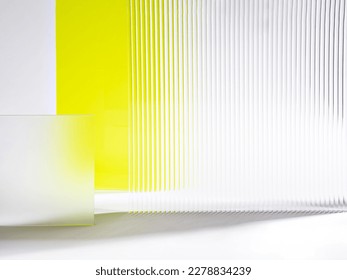 Abstract  showcase podium. Acrylic glass making transparent and ribbed structures of white and pastel yellow. The stage is perfect for advertising beauty products, decorations, makeup and accessories.
