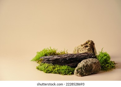 Abstract podium for organic cosmetic products. Natural style. bark tree podium with green moss on pastel background. Still life for the presentation of cosmetic products. Copy space - Powered by Shutterstock