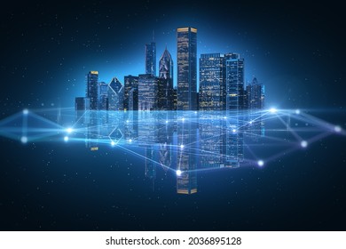 Abstract polygonal city with reflections on blue background. Technology and social innovation concept - Shutterstock ID 2036895128