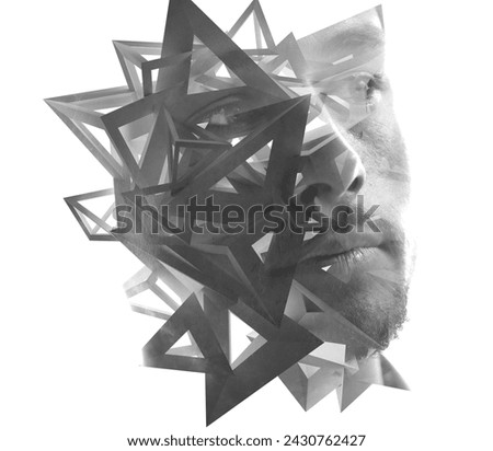 Abstract portrait of a young man combined with 3D shapes in a double exposure