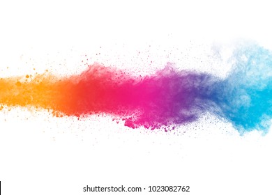 abstract powder splatted background. Multi-color powder explosion on white background. Colored cloud. Colorful dust explode. Paint Holi.
