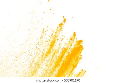 Abstract Powder Splatted Background,Freeze Motion Of Yellow Powder Exploding,throwing Orange Dust On White Background.