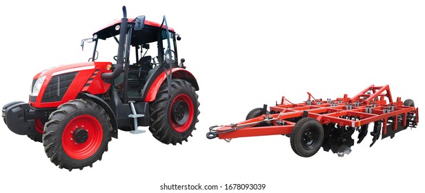 Abstract Powerful New Farm Tractor With Agricultural Equipment Isolated Over White Background