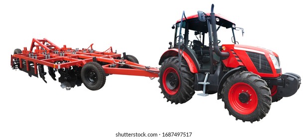 Abstract Powerful New Farm Tractor With Agricultural Equipment Isolated Over White Background