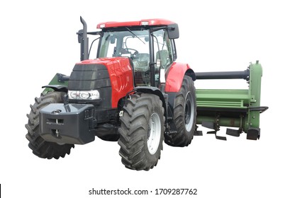 Abstract Powerful New Farm Tractor With Agricultural Equipment Isolated Over White Background