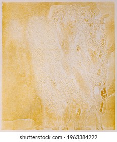 Abstract Printmaking Texture On Paper Background,  Hand Printed In Yellow Top View