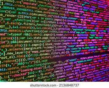 Abstract Program Code On Computer Screen. Code Of Javascript Language On White Background. Matrix Byte Of Binary Data Rian Code Running Abstract Background In Dark Blue Digital Style. Modern Tech