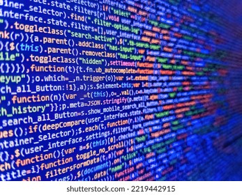 Abstract Program Code On Computer Screen. Binary Code Digital Technology Background. Abstract Screen Of Web Developer. Script Procedure Creating. Software Developer Programming Code On Computer