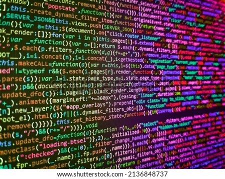 Abstract program code on computer screen. Code of javascript language on white background. Matrix byte of binary data rian code running abstract background in dark blue digital style. Modern tech