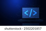 Abstract programming code icon on a laptop screen in light blue low poly futuristic style on technology background. Program and software development. Digital web code. Polygonal