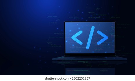 Abstract programming code icon on a laptop screen in light blue low poly futuristic style on technology background. Program and software development. Digital web code. Polygonal - Powered by Shutterstock