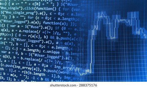 Abstract programming developer computer script source code and financial graph background. Shallow depth of field selective focus effect. Code text and finance chart written,created entirely by myself