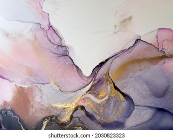 Abstract Purple Art With Pink And Gold — Violet Background With Beautiful Smudges And Stains Made With Alcohol Ink. Pink Fluid Texture Resembles Marble, Flowers, Butterfly, Watercolor Or Aquarelle.