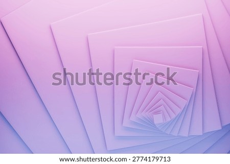 Abstract purple layered frames form endless recursive portal with smooth matte surfaces, soft shadows. Abstract geometric background with vortex pattern. Suggests depth, modernity, peaceful immersion.
