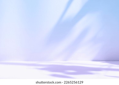 Abstract purple studio background for product presentation. Empty room with shadows of window and flowers and palm leaves . 3d room with copy space. Summer concert. Blurred backdrop.
