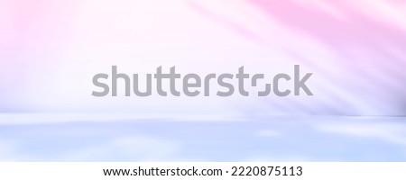 Abstract purple studio background for product presentation. Empty room with shadows of window and flowers and palm leaves . 3d room with copy space. Summer concert. Blurred backdrop. Banner