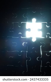 Abstract, puzzle and piece missing in problem solving and solution to challenge with strategy or planning. Jigsaw, games or shape of idea to glow in light of dark or search for innovation in business